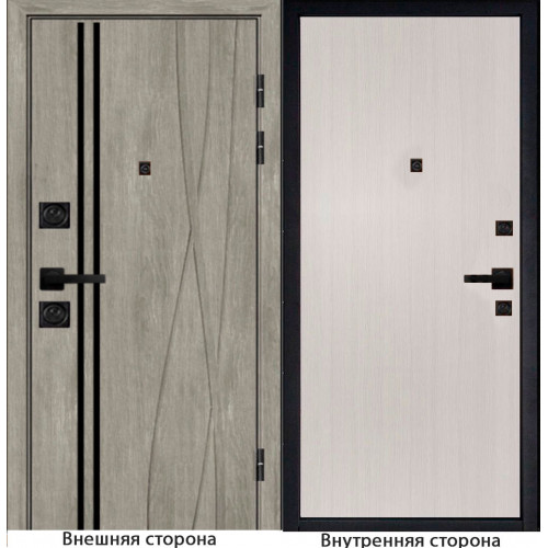 Входная дверь Бегимония цвет дуб графит с черным молдингом Внутренняя сторона гладкая лиственница беленая