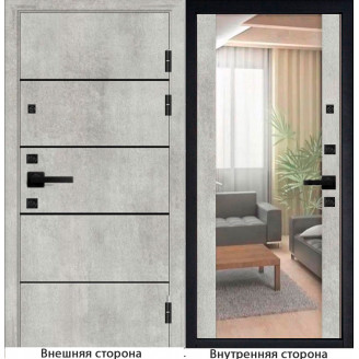 Входная дверь М10 цвет бетон серый с черными молдингами Внутренняя сторона зеркало цвет бетон серый
