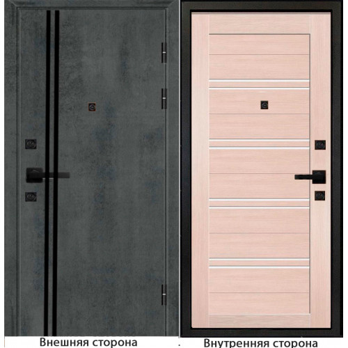 Входная дверь Гладкая цвет бетон темный с черным молдингом Внутренняя сторона S65 цвет лиственница кремовая Стекло белый лакобель