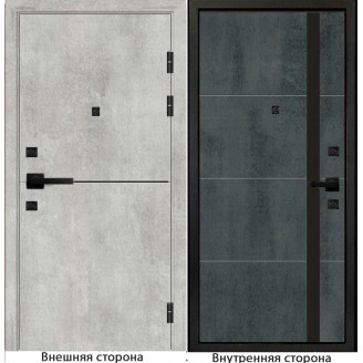 Входная дверь Гладкая цвет бетон серый с черным молдингом Внутренняя сторона Q58 цвет бетон темный Стекло черный лакобель