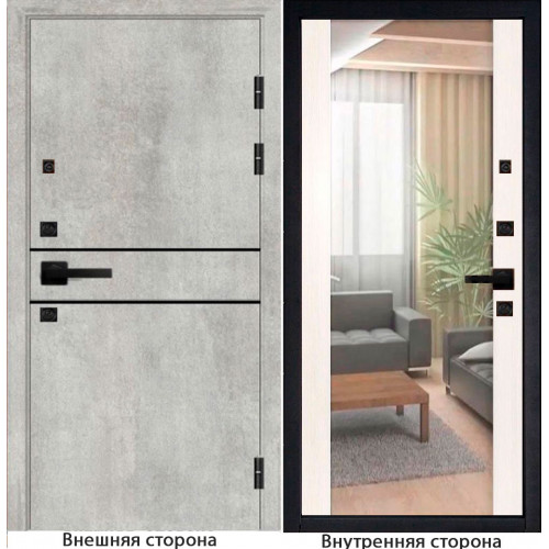 Входная дверь Гладкая M1 цвет бетон серый с черным молдингом Внутренняя сторона зеркало цвет белый