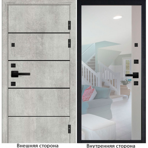 Входная дверь М10 цвет бетон серый с черными молдингами Внутренняя сторона Зеркало Мигнум белый