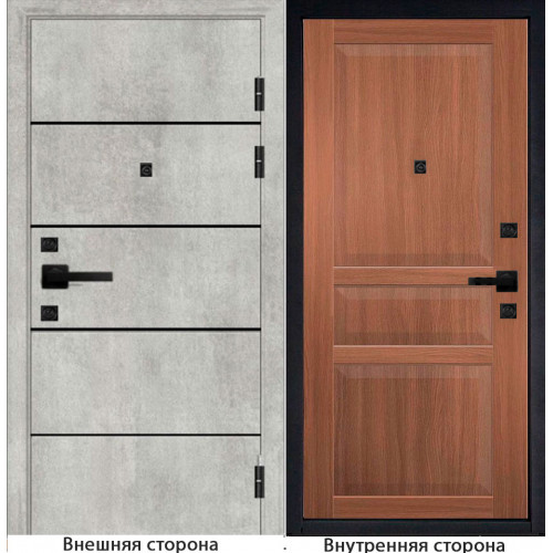 Входная дверь М10 цвет бетон серый с черными молдингами Внутренняя сторона S23 цвет орех королевский