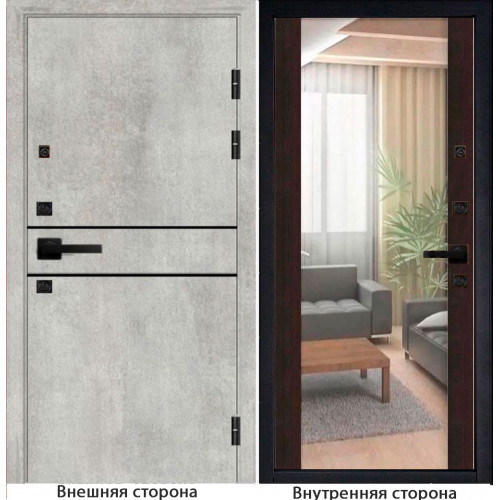 Входная дверь Гладкая M1 цвет бетон серый с черным молдингом Внутренняя сторона зеркало цвет венге