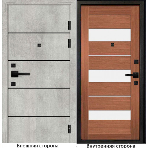 Входная дверь М10 цвет бетон серый с черными молдингами Внутренняя сторона S29 цвет орех королевский Стекло белый лакобель