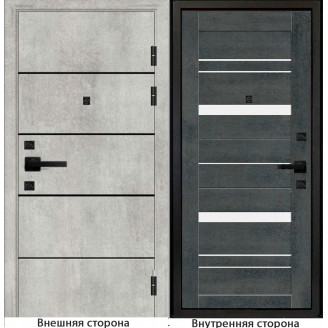 Входная дверь М10 цвет бетон серый с черными молдингами Внутренняя сторона S63 цвет бетон тёмный Стекло белый лакобель
