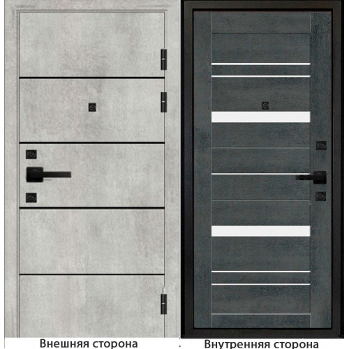 Входная дверь М10 цвет бетон серый с черными молдингами Внутренняя сторона S63 цвет бетон тёмный Стекло белый лакобель