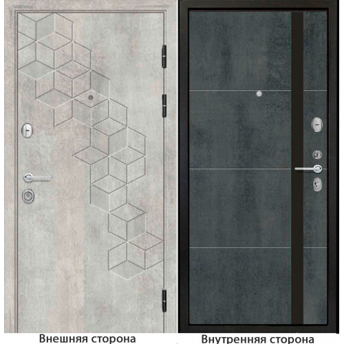 Входная дверь ромбики New 45 цвет бетон серый Внутренняя сторона Q58 цвет бетон темный Стекло черный лакобель