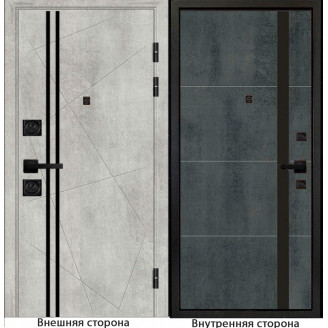Входная дверь M23 бетон серый с черным молдингом Внутренняя сторона Q58 цвет бетон темный Стекло черный лакобель