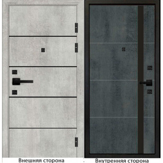 Входная дверь М10 цвет бетон серый с черными молдингами Внутренняя сторона Q58 цвет бетон темный Стекло черный лакобель