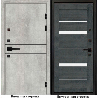 Входная дверь Гладкая M1 цвет бетон серый с черным молдингом Внутренняя сторона S63 цвет бетон тёмный Стекло белый лакобель