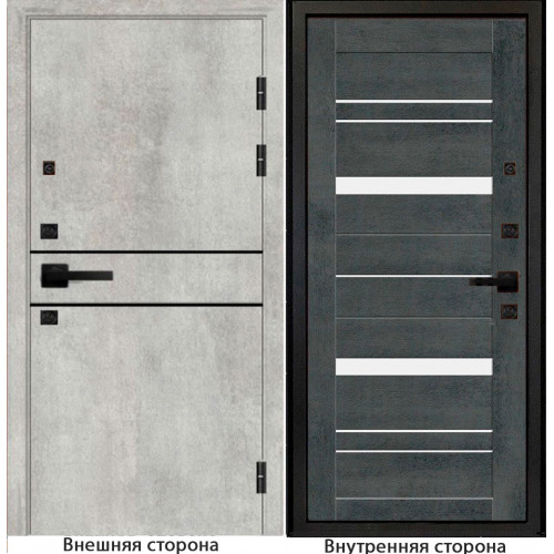 Входная дверь Гладкая M1 цвет бетон серый с черным молдингом Внутренняя сторона S63 цвет бетон тёмный Стекло белый лакобель
