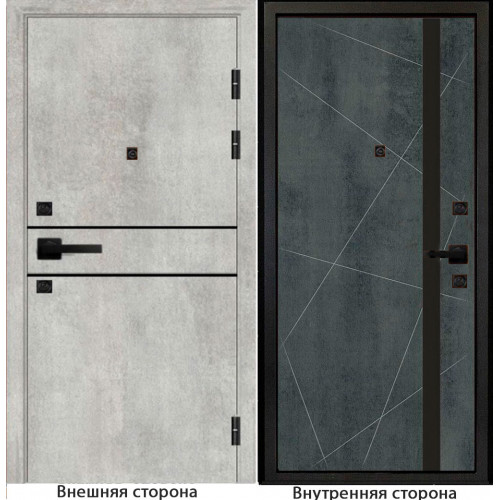 Входная дверь Гладкая M1 цвет бетон серый с черным молдингом Внутренняя сторона Q48 цвет бетон темный