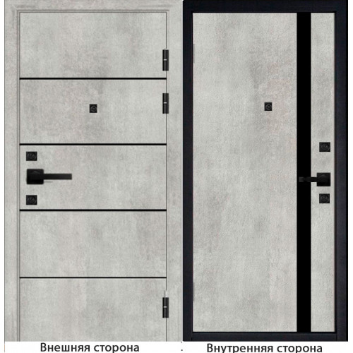 Входная дверь М10 цвет бетон серый с черными молдингами Внутренняя сторона Q7 цвет бетон серый Стекло черный лакобель