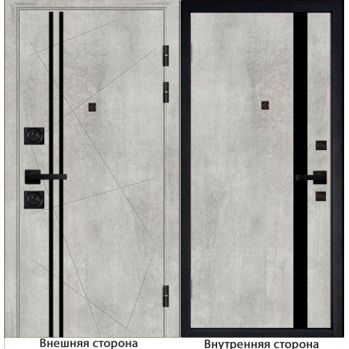 Входная дверь M23 бетон серый с черным молдингом Внутренняя сторона Q7 цвет бетон серый Стекло черный лакобель