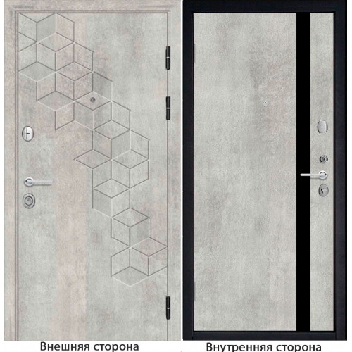Входная дверь ромбики New 45 цвет бетон серый Внутренняя сторона Q7 цвет бетон серый Стекло черный лакобель