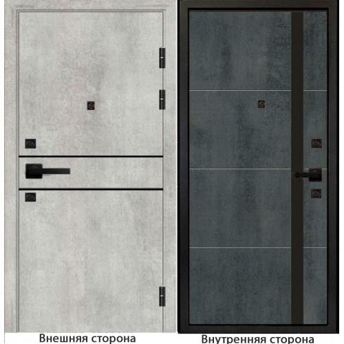 Входная дверь Гладкая M1 цвет бетон серый с черным молдингом Внутренняя сторона Q58 цвет бетон темный Стекло черный лакобель