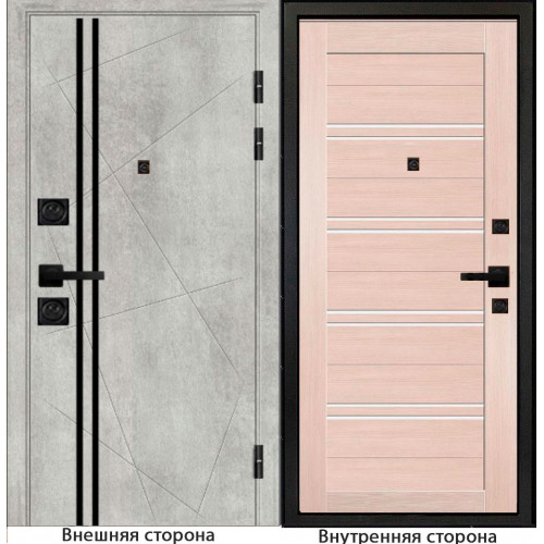 Входная дверь M23 бетон серый с черным молдингом Внутренняя сторона S65 цвет лиственница кремовая Стекло белый лакобель