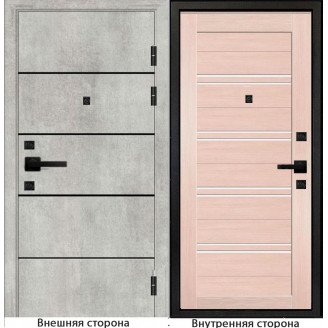 Входная дверь М10 цвет бетон серый с черными молдингами Внутренняя сторона S65 цвет лиственница кремовая Стекло белый лакобель