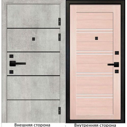 Входная дверь М10 цвет бетон серый с черными молдингами Внутренняя сторона S65 цвет лиственница кремовая Стекло белый лакобель