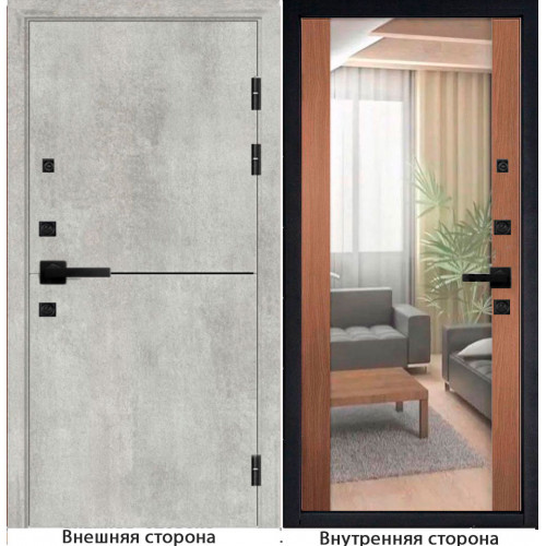 Входная дверь Гладкая цвет бетон серый с черным молдингом Внутренняя сторона зеркало цвет орех королевский