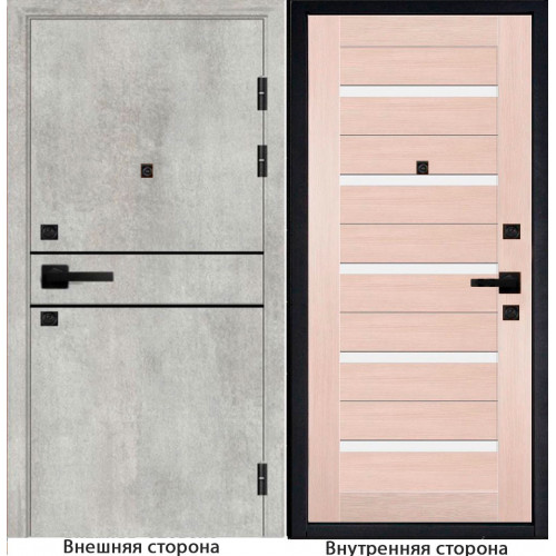 Входная дверь Гладкая M1 цвет бетон серый с черным молдингом Внутренняя сторона S1 цвет лиственница кремовая