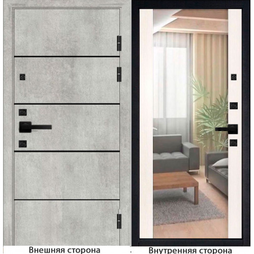 Входная дверь М10 цвет бетон серый с черными молдингами Внутренняя сторона зеркало цвет белый