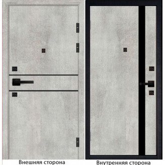 Входная дверь Гладкая M1 цвет бетон серый с черным молдингом Внутренняя сторона Q7 цвет бетон серый Стекло черный лакобель